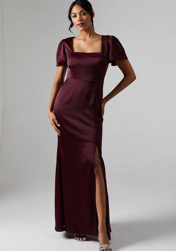 affordable bridesmaid dress from coast with square neckline and angel flutter sleeves in deep merlot shade