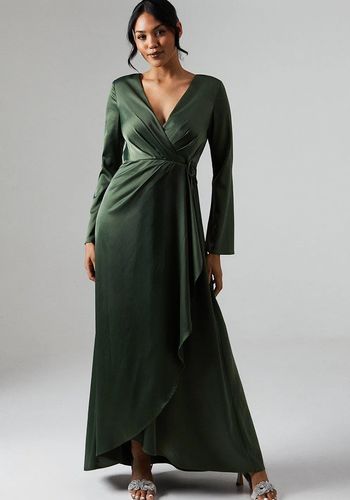 satin affordable bridesmaid dress from Coast in olive tone with wrap neckline, and subtle flared sleeves