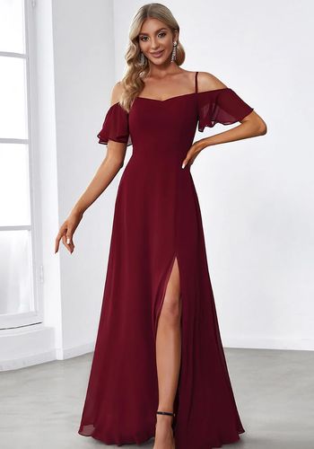 burgundy affordable bridesmaid dress with spaghetti straps, off-shoulders, and flare sleeves