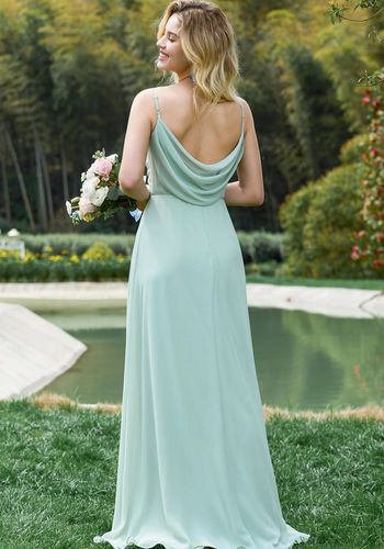 mint green affordable bridesmaid dress with sweetheart neckline, a draped low back, and floor-length skirt 