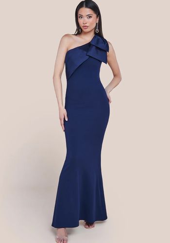 affordable bridesmaid dress from Goddiva in rich navy tone, with one-shoulder satin ribbon design, made from scuba crepe fabric 