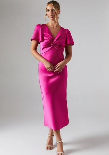 bright pink affordable midi bridesmaid dress from Oasis with twist-front detail, flattering v-neckline, and angel sleeves