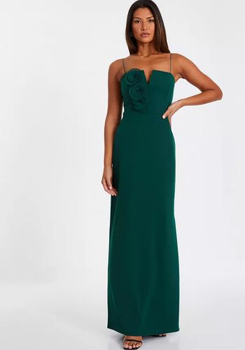 dark green affordable bridesmaid dress with square neck, floral trim applique side slit