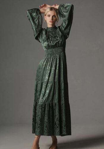 green jacquard winter wedding guest dress with elegant mock-neck and billowy sleeves