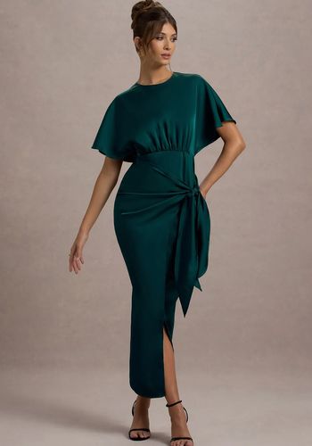 bottle green winter wedding guest dress, made with premium satin. Featuring classic wrap design and high split 