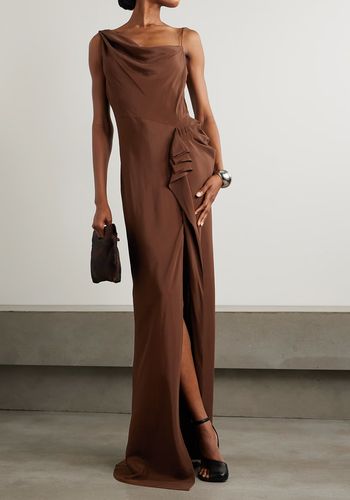 brown satin winter wedding guest dress with an effortless drape, vintage-inspired gather at the waist, and asymmetric straps