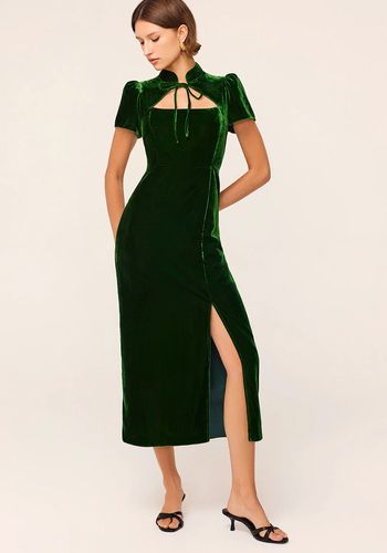 rich forest green velvet winter wedding guest dress with mandarin collar and cap sleeves