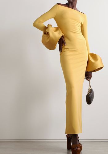 yellow winter wedding guest dress with smooth crepe fabric, dramatically flared faille cuffs, and off-the-shoulder neckline