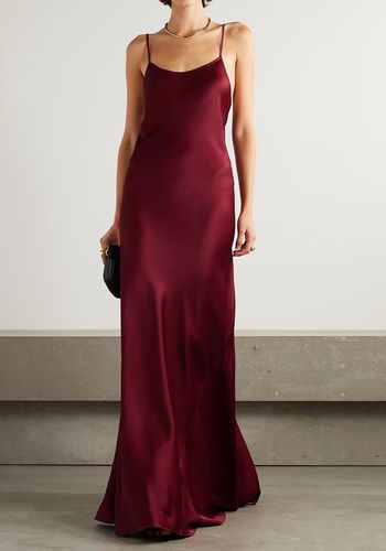 red winter wedding floor-length gown, made from lustrous bias-cut satin with open back and cami straps