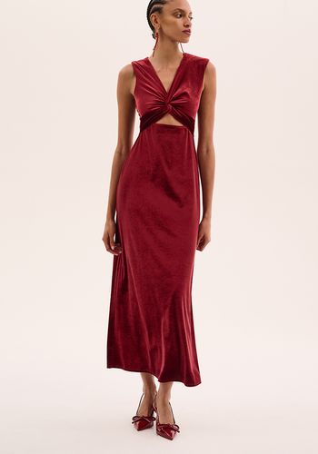  plush recycled velvet winter bridesmaid dress, featuring twist front, v-neck and cutouts in deep red 