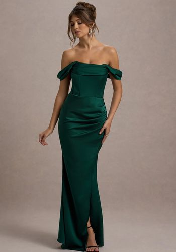 emerald green winter bridesmaid dress with contouring corset, draped short sleeves and bardot neckline