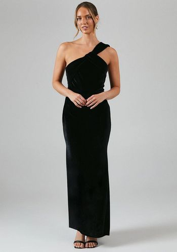 velvet winter bridesmaid dress with one-shoulder neckline with elegant twist detail