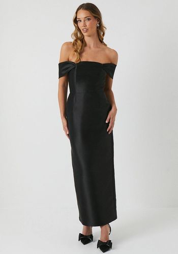 black satin bridesmaid dress with off-the-shoulder bow detailing and boned bodice for structure