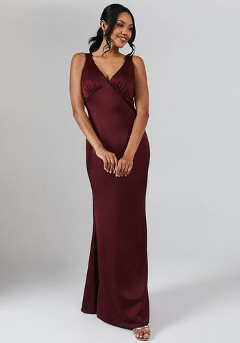 wine-coloured winter bridesmaid dress with elegant V-neckline and tie shoulder details