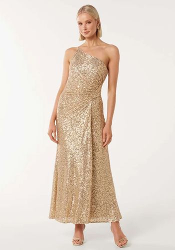 gold sequin maxi winter bridesmaid dress with asymmetrical neckline and one-shoulder design