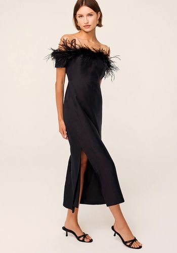 Black satin bardot midi dress with short sleeves and feather-trim neckline