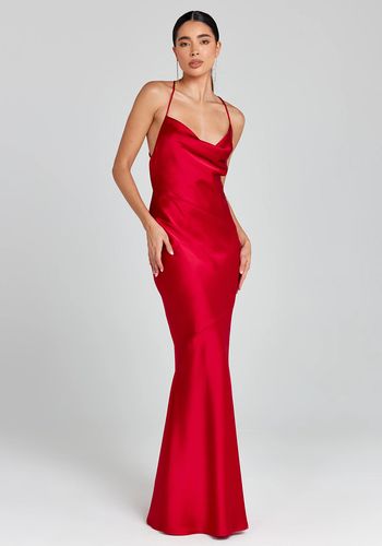 red maxi winter bridesmaid dress crafted from satin, featuring cowl neckline, seam panel detailing, and a cowl back with cross-body functional ties. 