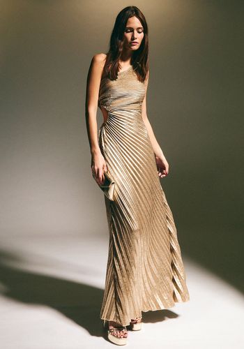 Gold metallic foil winter bridesmaid dress with pleated one shoulder maxi dress