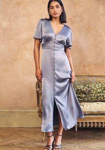 silky lavender blue satin midi bridesmaid dress with v-neck and fluted sleeves