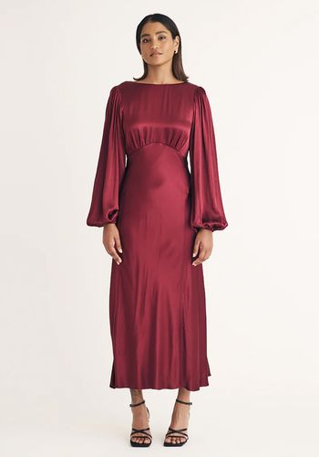 long sleeve satin winter bridesmaid dress in burgundy with billowing balloon sleeves 