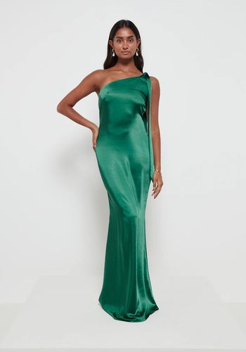 emerald green winter bridesmaid dress with one shoulder tie detail, made from luxurious satin with silk feel and lavish sheen