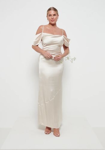 champagne winter bridesmaid dress with cold shoulder draped sleeves