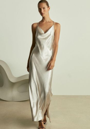 silver slip winter bridesmaid dress with metallic-like sheen and racer back 