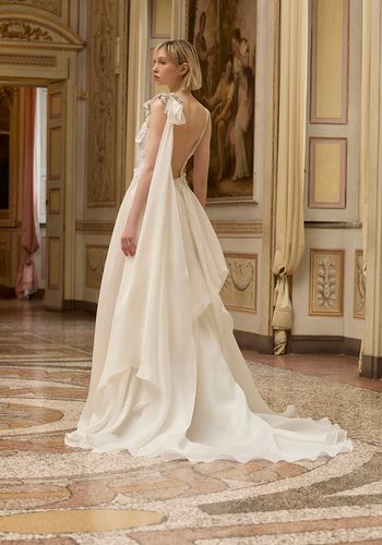 drape style, layered maxi wedding dress, featuring embellished bodice and open back 