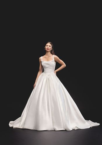 Ball gown wedding dress with square neckline and corset tie back