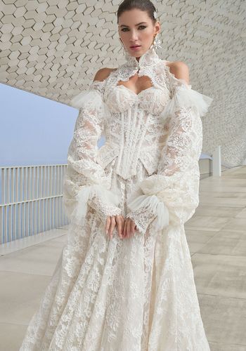 two-piece ball gown wedding dress by galia lahav with matching bolero, made corded French lace