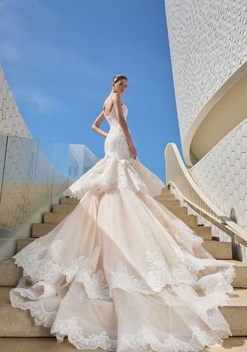 beaded and embroidered trumpet wedding dress by galia lahav, with tailored corset top