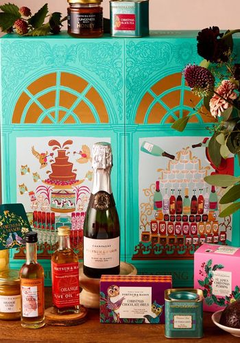 Fortnum & Mason feasting food and drink advent calendar, including alcohol, pudding, olive oil, etc.