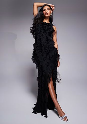 black wedding dress idea from asos with slim fit and ruffle trims