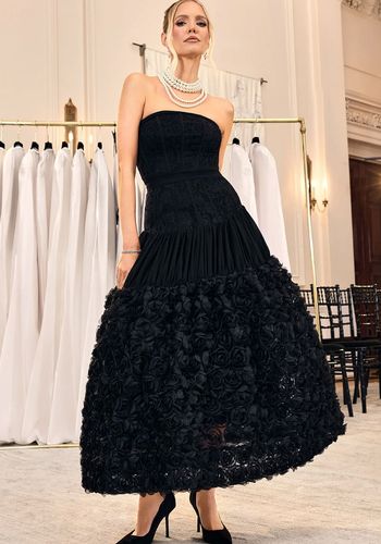 black wedding dress idea from club l london, featuring volume skirt made from premium mesh and 3D floral lace