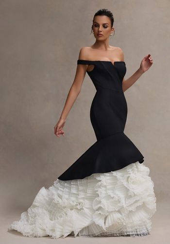 black and cream wedding dress idea from club l london with bardot neckline and cream tulle skirt