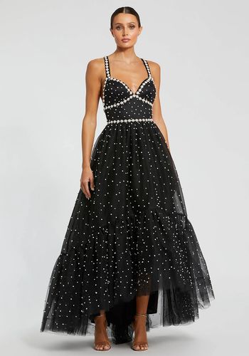 black wedding dress idea from mac duggal with allover pearl beaded embellishments