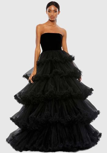 black wedding dress idea from Mac Duggal, featuring tiered ruffle ballgown skirt 