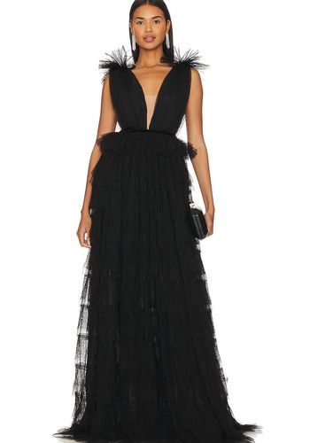 Black wedding dress idea from sau lee/ revolve in lightweight tulle fabric with ruffle trim and flutter sleeves