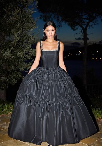 black wedding dress idea from wolf & badger with square neckline and volumed skirt