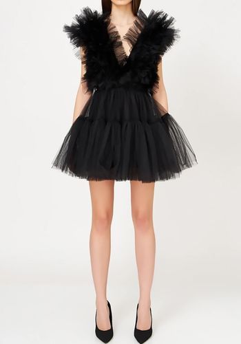 mini black wedding dress idea from wolf & badger with tulle and tiered ruffles 