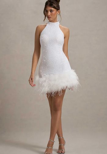 white sequin high neck short wedding dress with feather trim for party bridal look. 