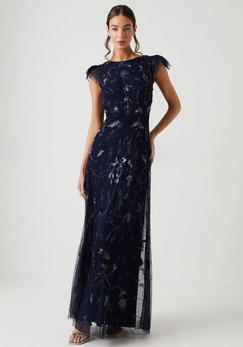 navy party season bridesmaid dress with sparkly floral embroidery, sheer mesh overlay and flutter sleeves