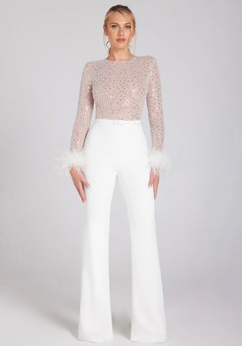 party season bridal jumpsuit, featuring feather trim cuff and embellished pearl mesh