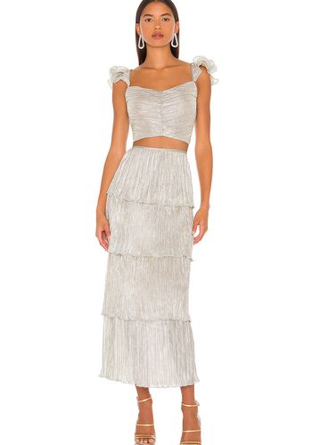 party season bridal two piece outfit idea in silver-tone metallic finish