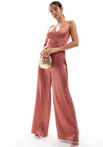 corset style wedding guest jumpsuit with wide legs in brown satin 