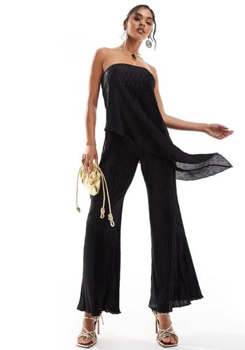 plisse bandeau wide leg wedding guest jumpsuit in black