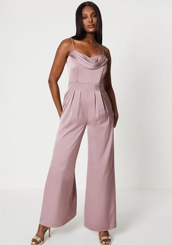 wedding guest jumpsuit in mink with draped corset bodice and wide-leg silhouette