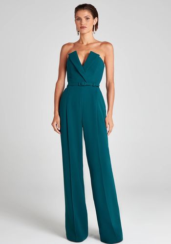 tuxedo style wedding guest jumpsuit in teal.