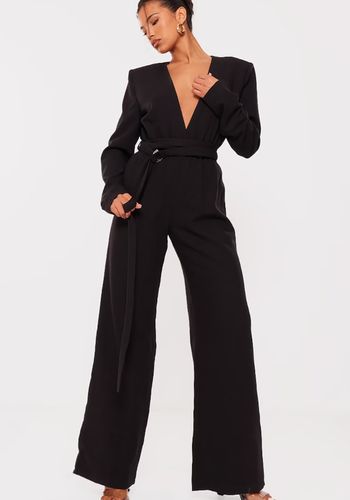 long sleeve black wedding guest jumpsuit with black strap detail.