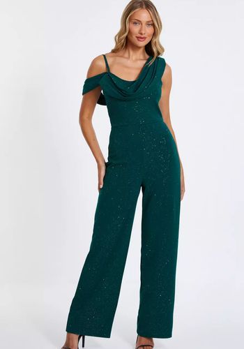 green glittery wedding guest jumpsuit with cowl neck and cold shoulder detail